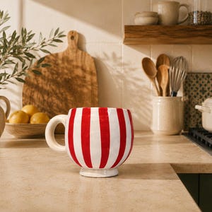 Może przedstawiać: Okrągły ceramiczny kubek z wyrazistym wzorem w pionowe czerwone i białe paski. Kubek posiada solidne, zakrzywione ucho po lewej stronie i stoi na małej, podwyższonej okrągłej podstawie. Powierzchnia kubka ma gładkie, błyszczące wykończenie.