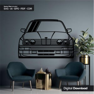 Puede incluir: Arte mural de metal negro con la vista frontal de un coche clásico. La obra presenta un contorno detallado de los faros, la parrilla y la carrocería del vehículo. El texto en la parte superior dice "Vector Files Included SVG • AI • EPS • PDF • CDR" y "Digital Download" en la parte inferior.