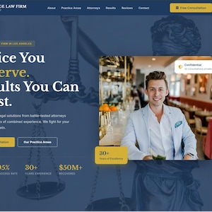 以下が含まれることがあります： プレステージ法律事務所のウェブサイトデザイン。水色のブレザーを着た男性が特徴です。「Justice You Deserve. Results You Can Trust.」と「Free Consultation」のテキストが含まれています。詳細：500件以上の勝利、95％の成功率、30年以上の経験。