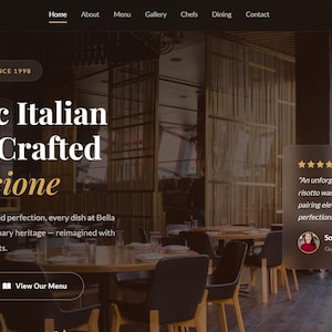 May include: Website homepage for Bella Cucina, an Italian restaurant. The design features a dark colour scheme with gold accents. Text includes "Authentic Italian Cuisine, Crafted with Passione" and a customer review.