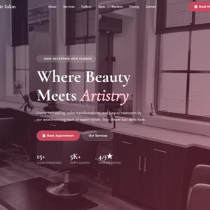 May include: Website for Luxe Hair Salon, featuring a modern interior with styling stations, chairs, and a reception area. The site includes the text "Where Beauty Meets Artistry" and a "Book Now" button. A customer review is also displayed.