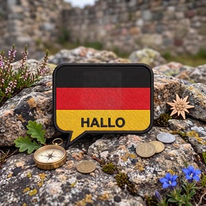 May include: A rectangular speech bubble patch featuring the black, red, and gold horizontal stripes of the German flag with the word HALLO printed in black capital letters across the bottom yellow section of the patch.