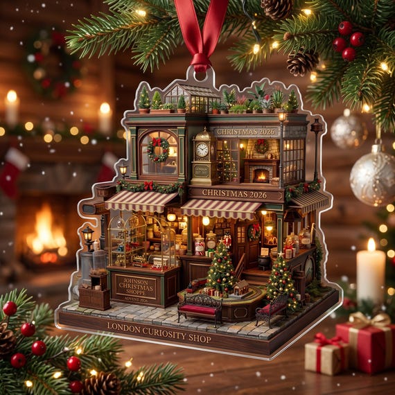 A laser-cut acrylic Christmas village ornament personalized as a tiny version of someone's own shop or small business — niche, charming, and surprisingly sentimental.