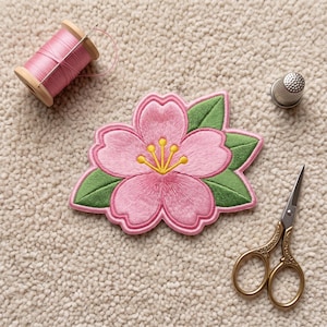 Toppa termoadesiva ricamata con fiori di ciliegio, applicazione floreale rosa per giacca e zaino.