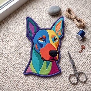 May include: A vibrant, multi-colored embroidered patch shaped like a dog head, featuring bold sections of teal, yellow, orange, red, and purple thread. The design includes detailed stitching that outlines the ears, eyes, and snout of the canine.