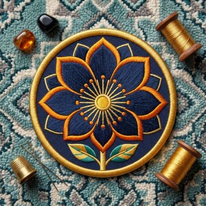 May include: A circular embroidery patch featuring a dark blue flower with orange and yellow petals, centered on a navy background. The patch is surrounded by two gold thread spools, two sewing needles, a gold thimble, and two polished stones.