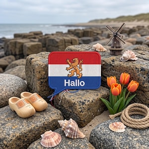 May include: A rectangular speech bubble patch featuring the Dutch flag with a gold lion emblem and the word "Hallo" in white text, accompanied by two wooden clogs, orange tulips, a miniature windmill, and several seashells on a rocky surface.
