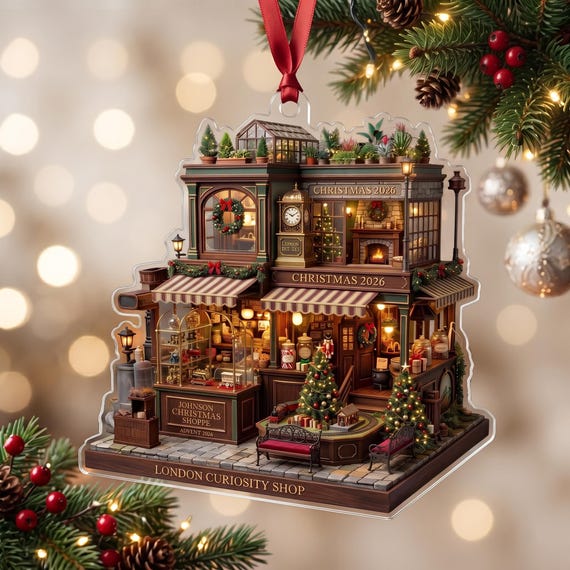 A laser-cut acrylic Christmas village ornament personalized as a tiny version of someone's own shop or small business — niche, charming, and surprisingly sentimental.