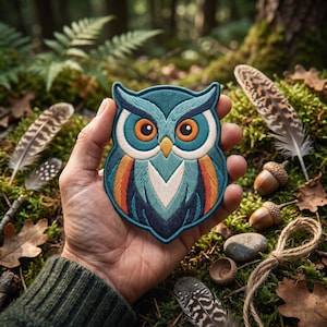 May include: An embroidered owl patch featuring a teal blue body, bright orange eyes, and a yellow beak. The owl design includes white and dark blue accents on the face and wings, with detailed stitching throughout the entire bird-shaped patch.