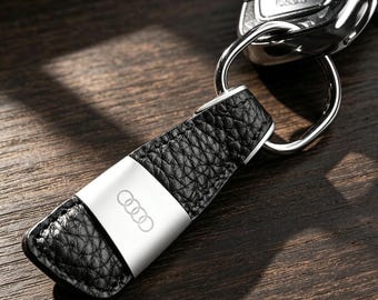 Llavero Audi de cuero genuino negro, llavero de lujo para coche con logotipo plateado, estilo ejecutivo premium, regalo para propietarios de Audi.