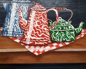 Vintage Hand painted enamel coffee pots and one tea pot unique art painted on wood board with wood frame