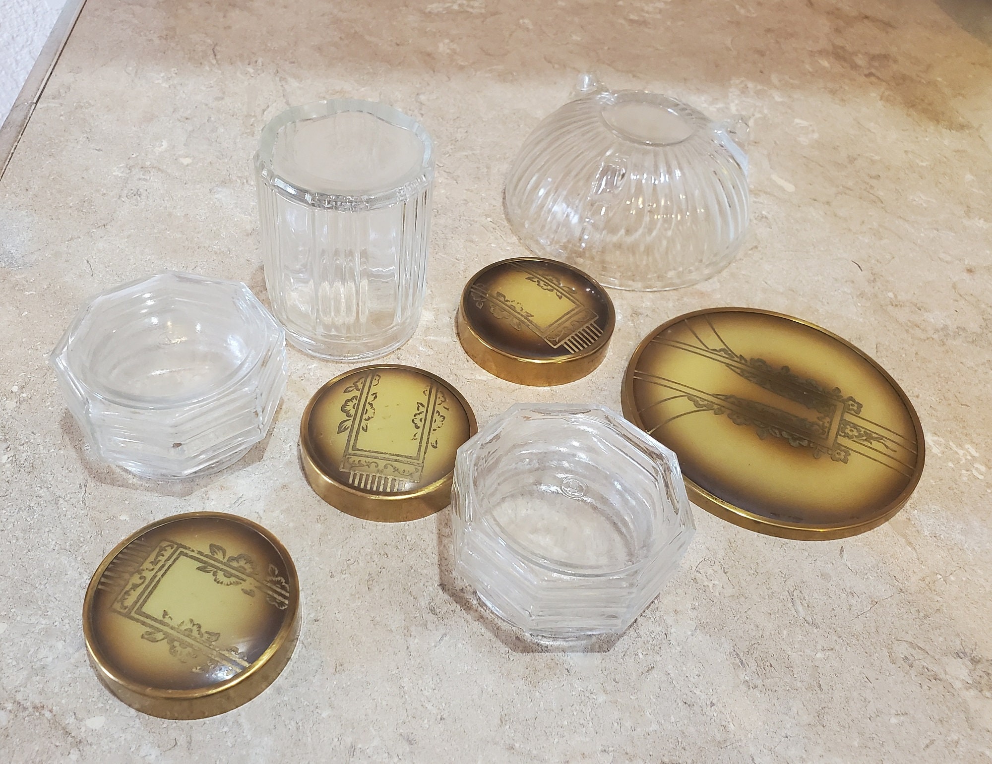 Vanity Glass Jar set Vintage four Jars with lids pretty Etsy
