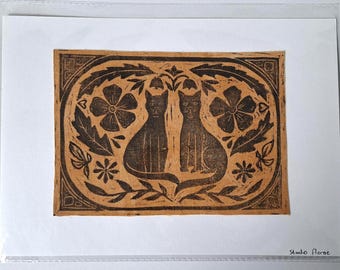 A4 orignal lino print - Yellow cats on naturally dyed fabric