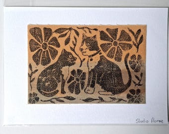 A5 orignal lino print - Cat and Kitten on Rainbow printed fabric - naturally dyed