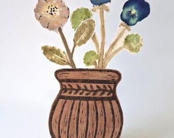 Hapazome blue pink fabric flowers in vase - lino printed, natural dyes shelf decor, tatakizome