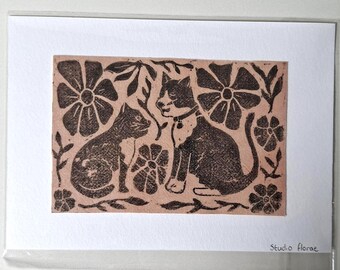 Original A5 lino print of Cat and Kitten - printed onto pink naturally dyed fabric