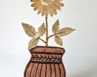 Hapazome fabric flowers in vase - lino printed, natural dyes shelf decor