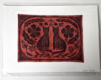 Original A4 lino print of Cats and Flowers - on naturally dyed fabric