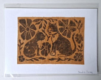 Original A5 lino print of Cat and Kitten - printed onto yellow naturally dyed fabric