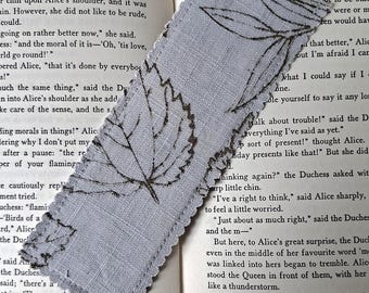 Grey blue bookmark - Naturally dyed fabric floral pattern