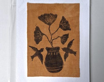 Fabric Lino Print A5 Vase and Flowers - Yellow/Mustard