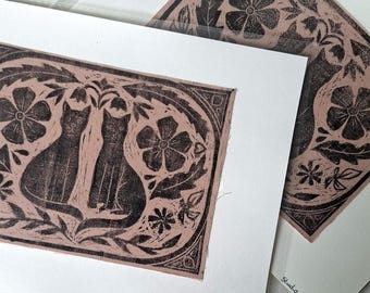 A4 lino print cats and flowers - on naturally dyed fabric - original print