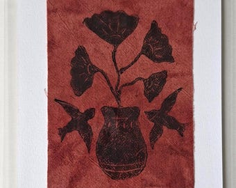 A5 original lino print - red naturally dyed fabric floral design
