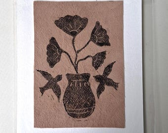 Fabric Lino Print A5 Vase and Flowers - Natural Dye Textiles Folk Art