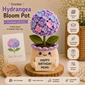 Pot de fleur d'hortensia fait main au crochet personnalisé, décor de fleurs de fil tricoté à la main, cadeau texte personnalisé pour l'anniversaire de maman