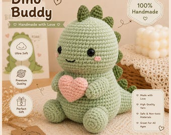 Handmade Crochet Dinosaur Plush Toy, Cute Dino Buddy Stuffed Animal, Soft Amigurumi Gift for Kids and Baby Nursery