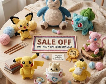 7 in 1 Pokemon Häkelanleitung Bundle – Pikachu, Relaxo, Mew Amigurumi PDF Digital Download