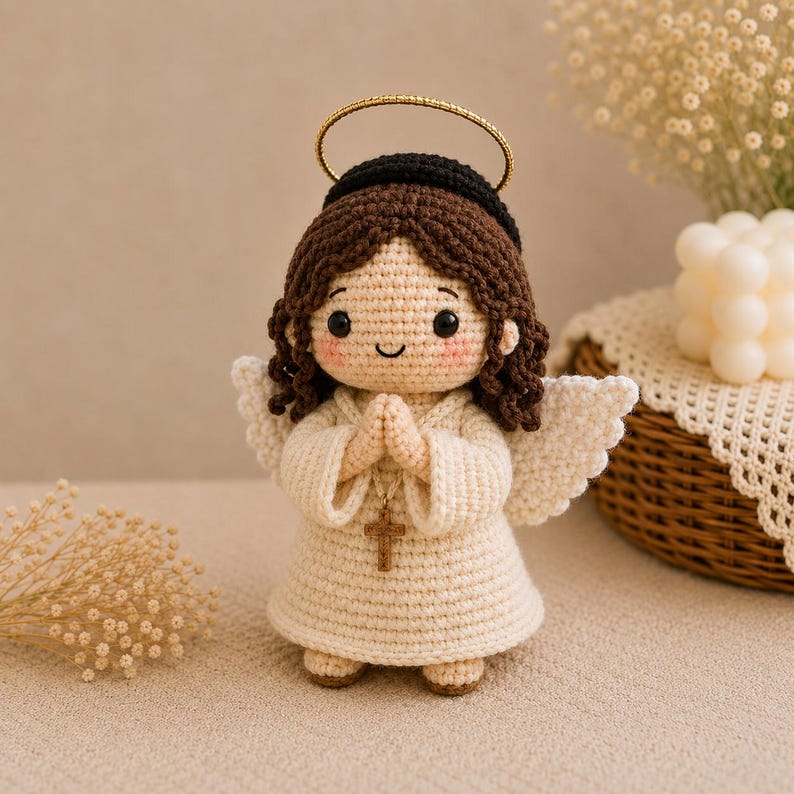 May include: A crocheted angel doll with dark brown hair, a gold halo, and a cream-colored robe. The doll has black eyes, pink cheeks, and hands pressed together in prayer. A small wooden cross pendant hangs from a string around the doll's neck.