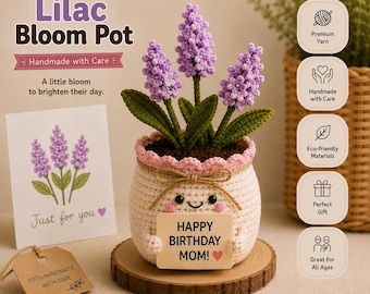 Personalized Handmade Crochet Lilac Flower Pot, Hand Knitted Yarn Bloom Decor, Custom Text Gift for Mom, Birthday Desk Decor