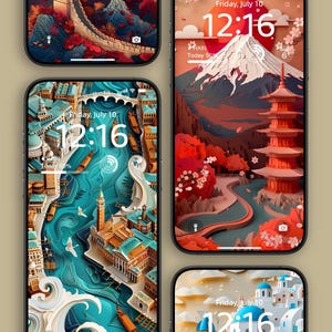 Puede incluir: Cuatro smartphones que muestran fondos de pantalla con temas de paisajes. Uno muestra la Gran Muralla China, otro una escena japonesa con el monte Fuji y una pagoda. Los otros dos representan paisajes urbanos, uno con un río y el otro con edificios blancos y cúpulas azules. Cada uno muestra la fecha y la hora.