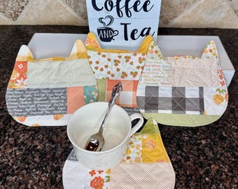 Quilted Cat Shaped Coasters (Cozy Up Fabric) - Set of 4