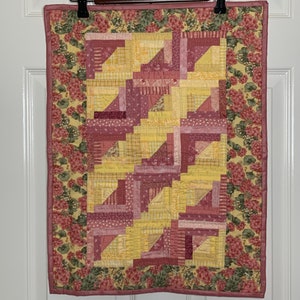 Vintage Small Quilt - Pink and Yellow Log Cabin Block