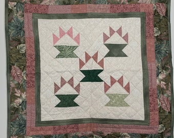 Vintage Small Quilt - Pink, White and Green Basket Pattern