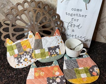 Quilted Cat Shaped Coasters (Cozy Up Fabric) - Set of 4
