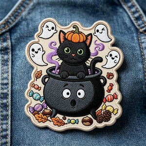 May include: An embroidered patch featuring a black cat with a pumpkin on its head sitting inside a black cauldron with a surprised face. The design includes four white ghosts, purple smoke, colorful wrapped candies, and autumn leaves.