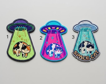 Alien UFO Cat Embroidered Patch, Funny Space Cat Iron On Patch, Abduction Cat Badge, Colorful Sci-Fi Applique
