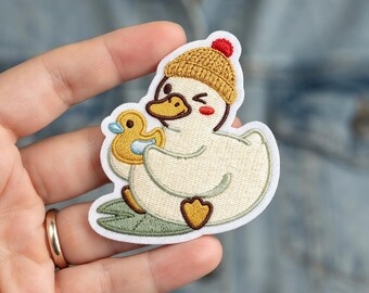 Cute Winking Duck With Beanie Embroidered Patch, Mama And Baby Duck Iron On Patch, Kawaii Animal Clothing Badge