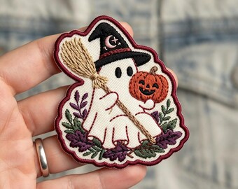 Cute Ghost With Witch Hat Embroidered Patch, Spooky Season Iron On Patch, Halloween Little Ghost Badge, Spooky Cute Aesthetic Applique