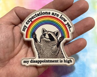 Raccoon Rainbow Patch, Sarcastic Trash Panda Iron-On, Meme Jacket Accessory