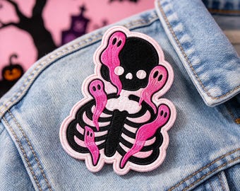 Pastel Goth Skeleton Embroidered Patch, Cute Pink Ghosts Ribcage Iron On Applique, Spooky Kawaii Badge