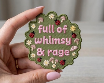 Full Of Whimsy & Rage Embroidered Patch, Cottagecore Mushroom Ladybug Applique, Iron On Badge