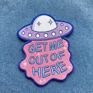 Alien Abduction UFO Embroidered Patch, Pink Retro Kitsch Space Iron-On