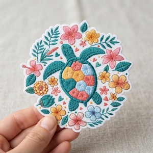 May include: A circular embroidered patch featuring a central sea turtle with a shell composed of multicolored hexagonal segments in shades of pink, yellow, and blue, surrounded by various tropical flowers and green leaves on a white background.