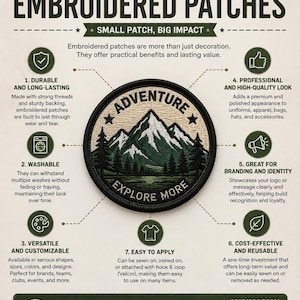 May include: An infographic titled The Benefits of Embroidered Patches featuring a circular patch with a mountain and forest design. The text reads Adventure and Explore More. Seven numbered points detail durability, washability, and application.