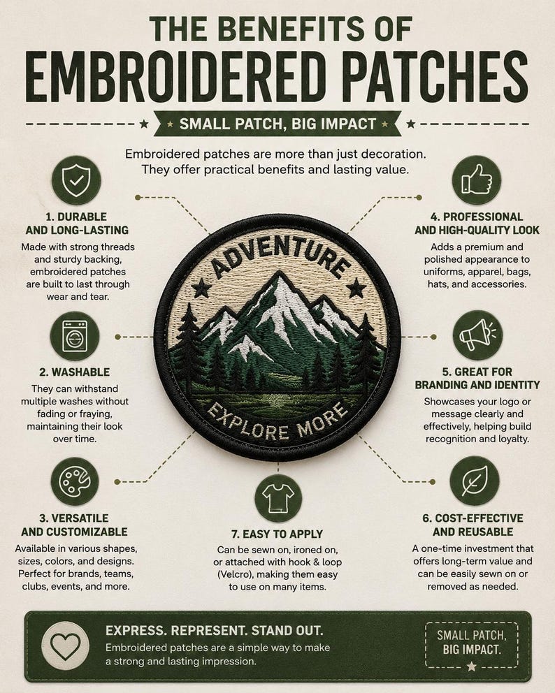 May include: An infographic titled The Benefits of Embroidered Patches featuring a circular patch with a mountain and forest design. The text reads Adventure and Explore More. Seven numbered points detail durability, washability, and application.