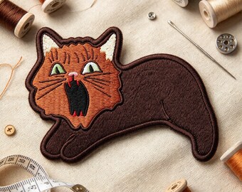 Yawning Cat Embroidered Patch, Funny Animal Iron On Patch, Quirky Cat Applique, Cute Cat Badge